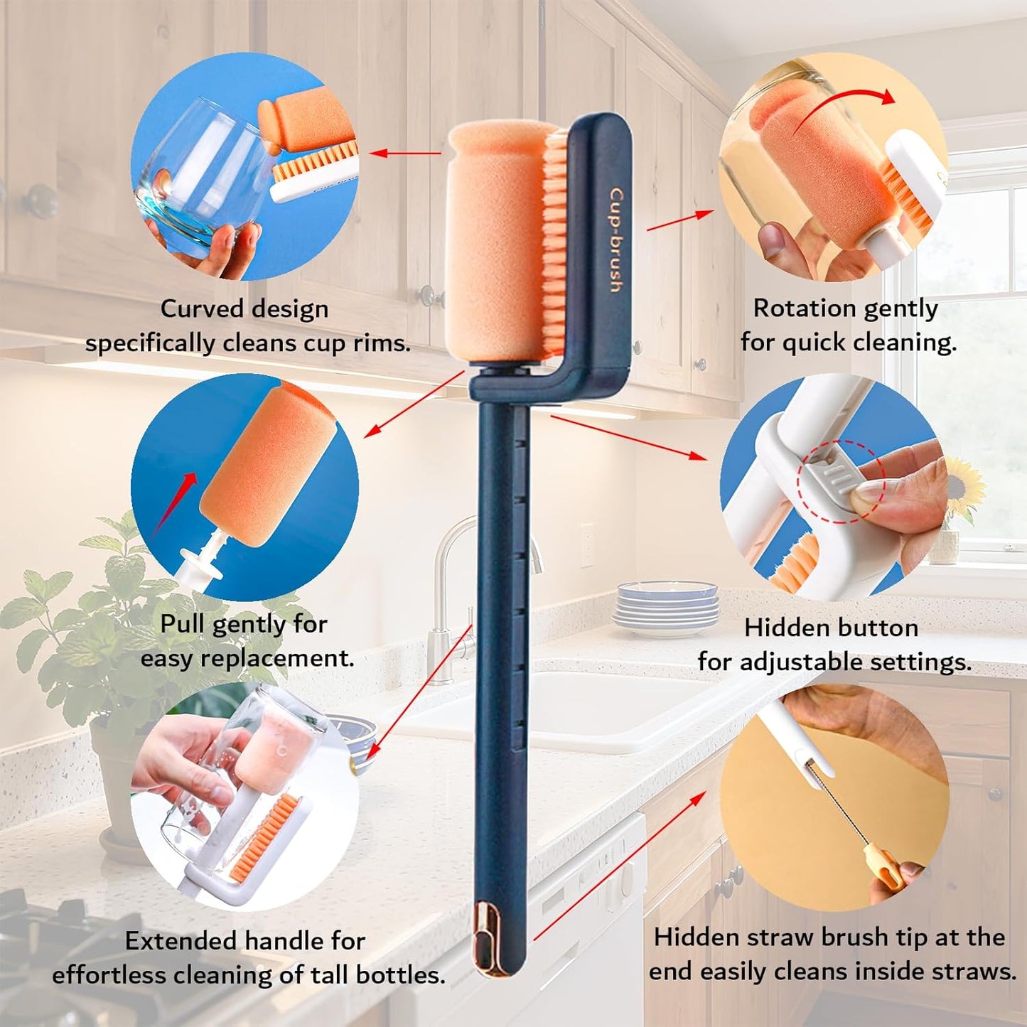 Bottle Brush Cleaner, 3-in-1 Water Bottle Cleaner Brush Straw Nipple Bottle Cleaner Brush Set Long Handle Bottle Cleaning Brush for Washing Tumblers, Sport Bottles, Cup Lid Cleaning Brush Blue