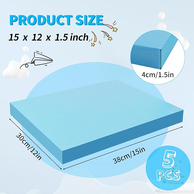 LuckyFoam Blue 5 Pack 15x12x1.5 inch Foam Sheets 1.5 Inch Thick | Polystyrene