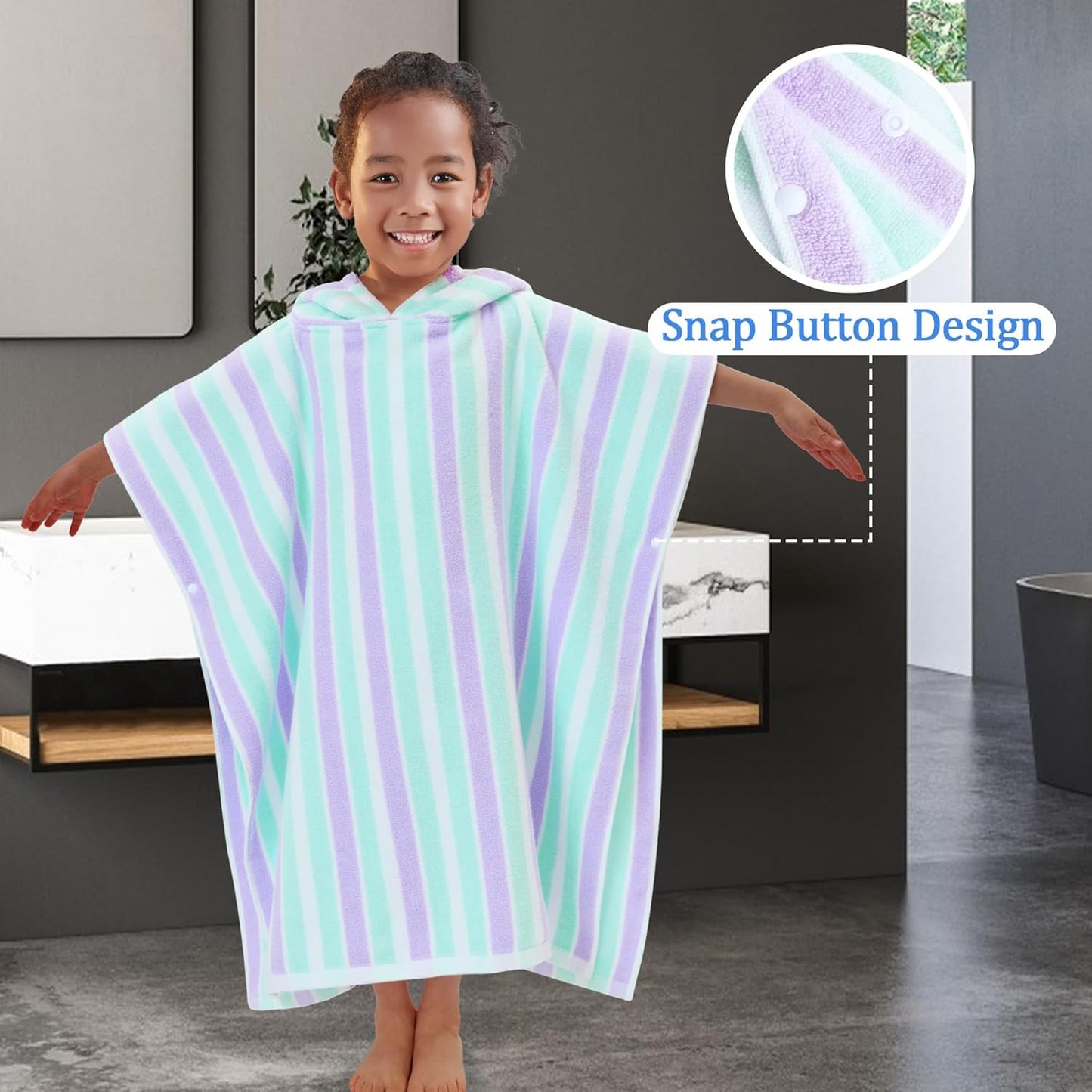 VOOVA & MOVAS Poncho Towels for Kids (4-8Years), Quick Dry Lightweight Absorbent Cotton Hooded Towel Robe for Pool | Swim | Beach | Bath, Aqua Purple Stripe