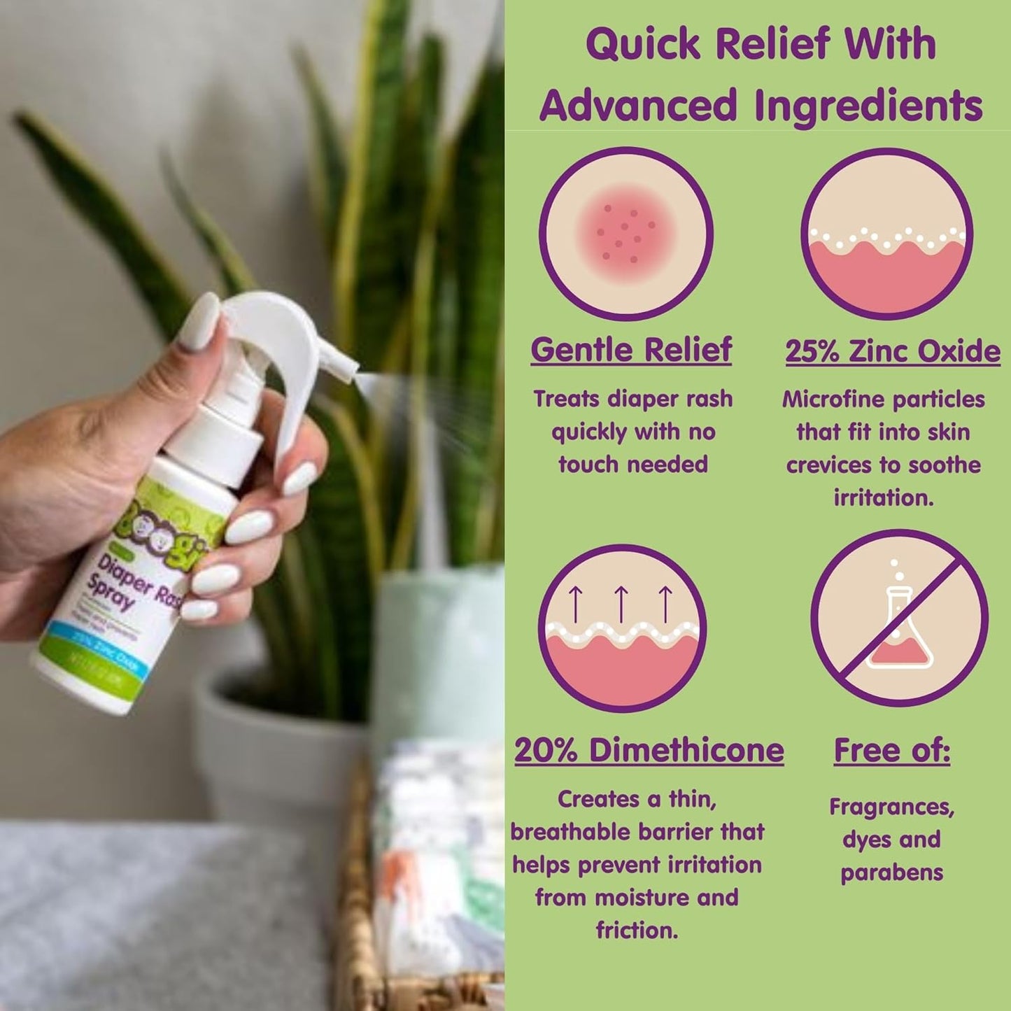 Baby Diaper Rash Cream Spray by Boogie Bottoms, No-Rub Touch Free Application for Sensitive Skin, Over 200 Sprays per Bottle, 1.7 oz, Pack of 3