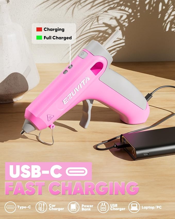 4V Pink Cordless Hot Glue Gun Kit, 30-Piece Glue Sticks | 2600mAh Built-In
