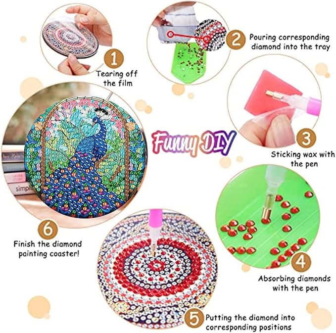 8 Pack Diamond Art Coasters, Peacock animals Diamond Painting Coasters Kits |