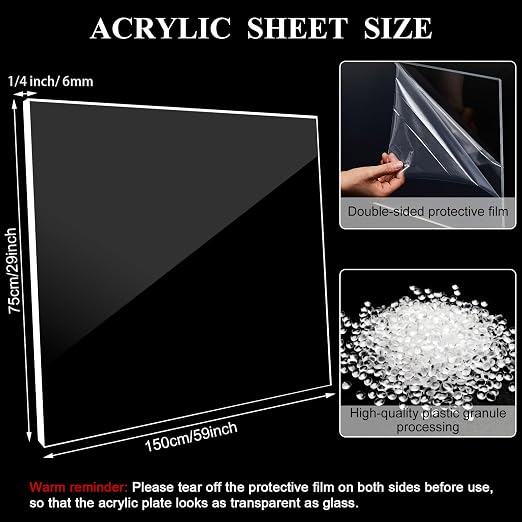Roowest 2 Pcs 29 x 59 Inch, 1/4 Inch Thick Clear Acrylic Sheet Plastic Sheet