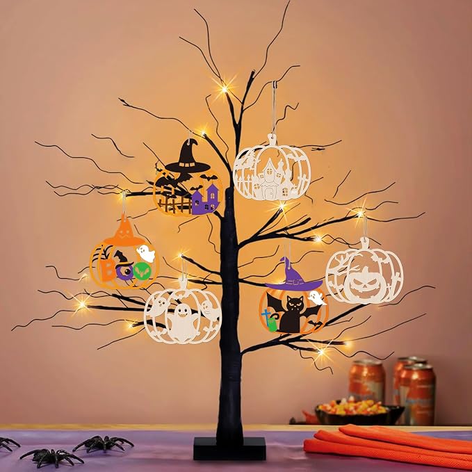 24 PCS Unfinished Wooden Halloween Crafts, Pumpkin Shaped Hanging Ornaments DIY