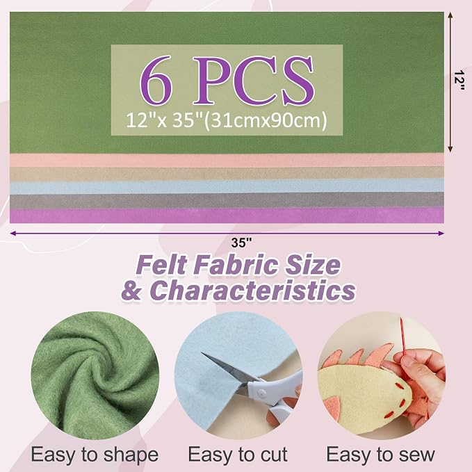 XSEINO 6 Rolls 12"x35" Large Felt Sheets, 1.4mm Thick Nonwoven Fabric