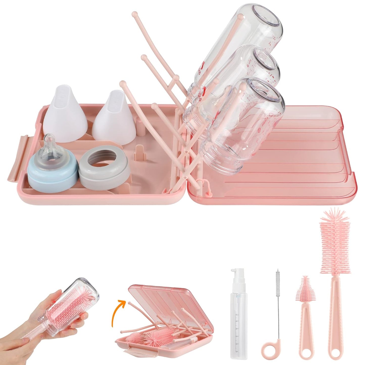 Baby Bottle Brush Set-6 in 1 Bottle Brush Cleaner with Silicone Bottle Brush,Drying Rack,Nipple Brush,Straw Brush,Soap Dispenser&Storage Box-Baby Essentials Gifts for Home&Travel(Pink)