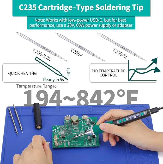 YIHUA 928D-IV Soldering Iron Pen Kit DC 65W Support PD QC, Type C Portable Soldering Station with 3 Tips, Solder Wire, Protective Cap