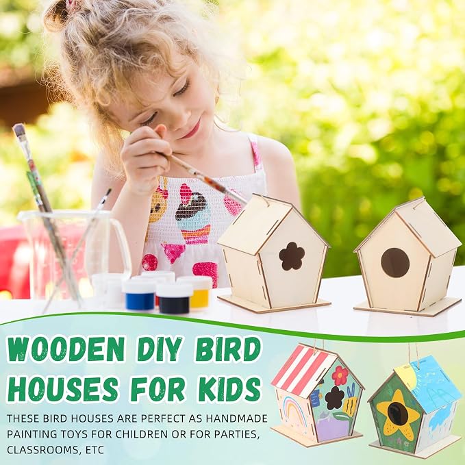 DoubleFill 60 Pcs 4. 33" DIY Wooden Birdhouses Craft