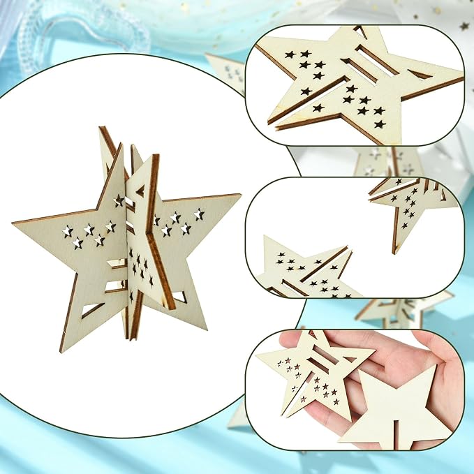 20 pcs 4 Styles Lovely Star Theme Unfinished Wood Cutout Charms 4th of July
