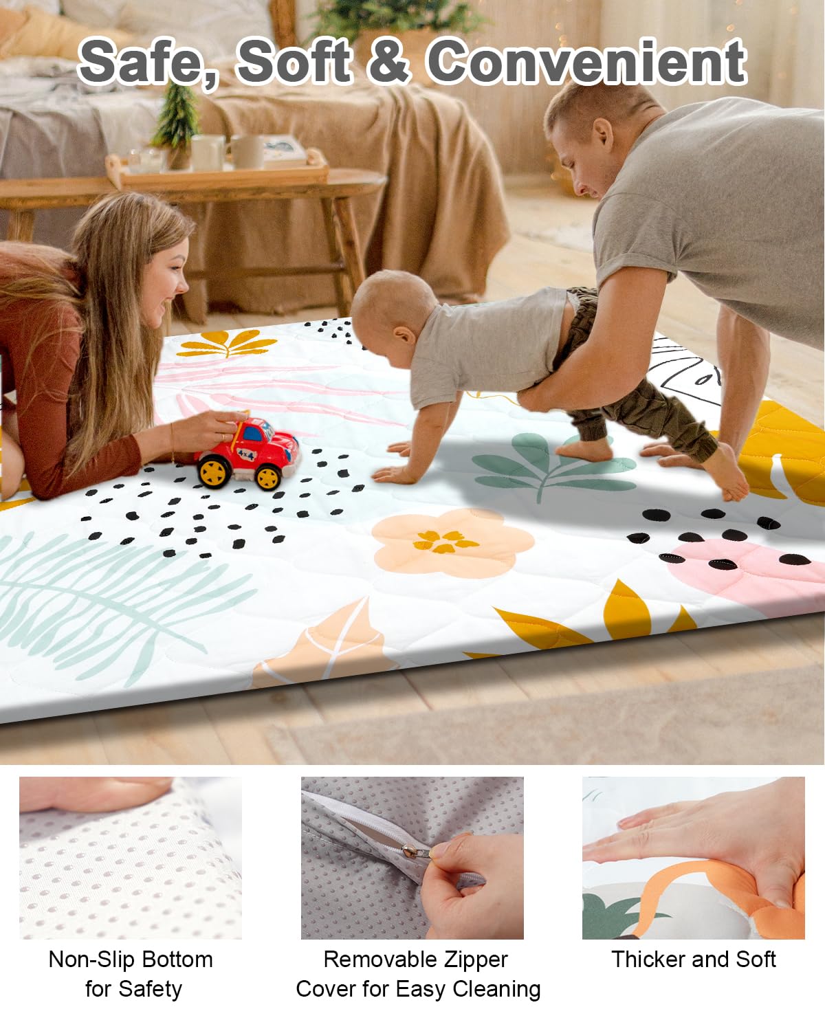 Premium Foam Baby Play Mat 47x47 – Removable & Machine Washable Cover, Extra Thick Padding Playpen Mat, Non-Slip Crawling Mat, Easy to Clean for Infants, Toddlers & Babies