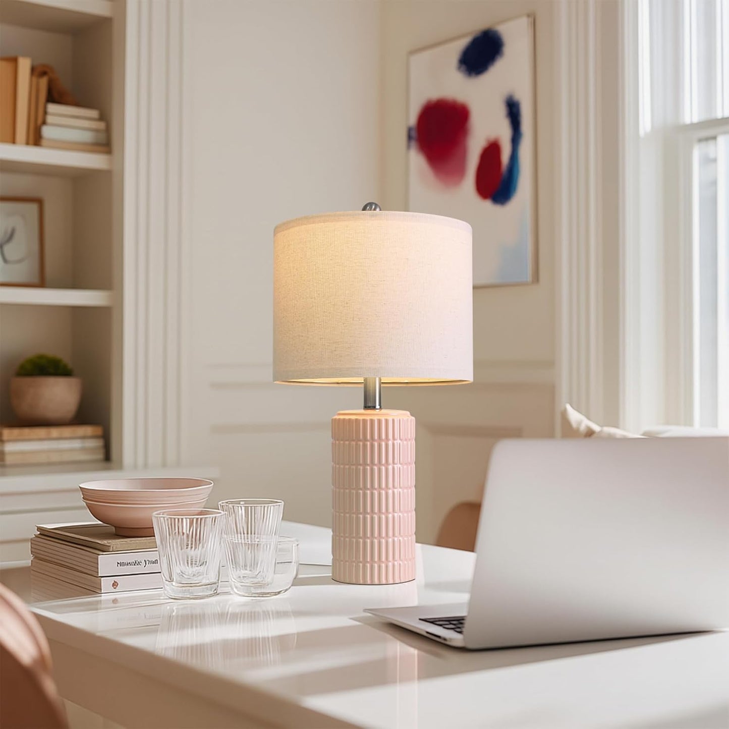 PoKat 20.75" Pink Ceramic Table Lamps Set of 2, Small Modern Bedroom Lamps for Girls Room, Bedside Lamps for Night Stands, Cute Lamps for Living Room Decor, Nightstands Desk Lamp, Light Pink