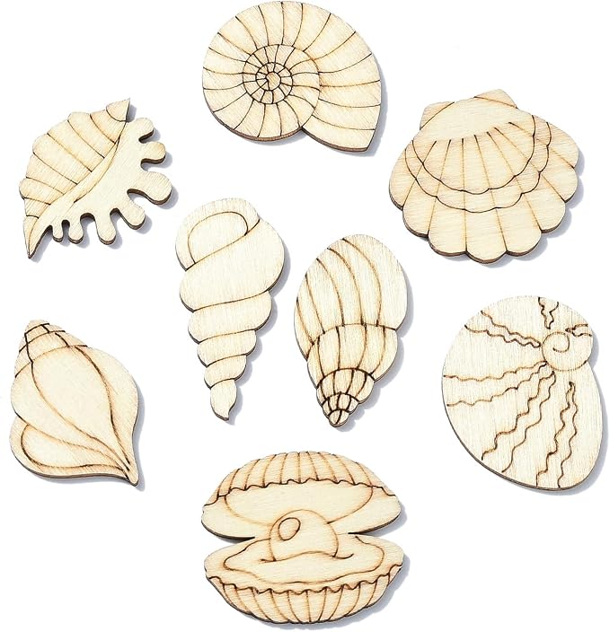 200 pcs Mixed Styles Sea Shell Theme Unfinished Wooden Cutout Charms Conch
