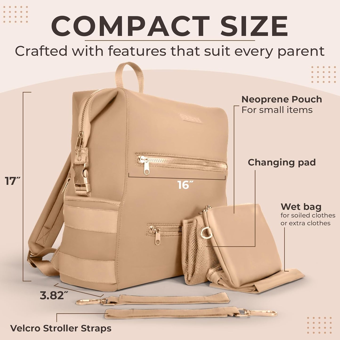 BUNSO Neoprene Diaper Bag, Minimalist Backpack Diaper Bag with Pouch, Changing Pad, and Stroller Straps, Water Resistant and Lightweight Baby Diaper Bag Backpack, Womens and Mens Diaper Bag, Khaki