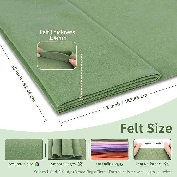 Sage Green Felt Fabric Sheet 72" X 36", 1.4mm Thick Large Soft Durable Flexible
