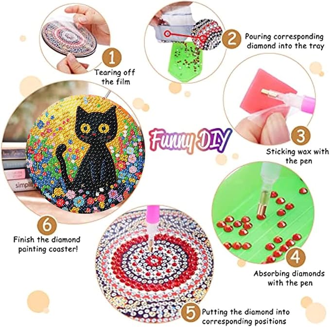 8 Pack Black Cat Diamond Art Coasters Kit for