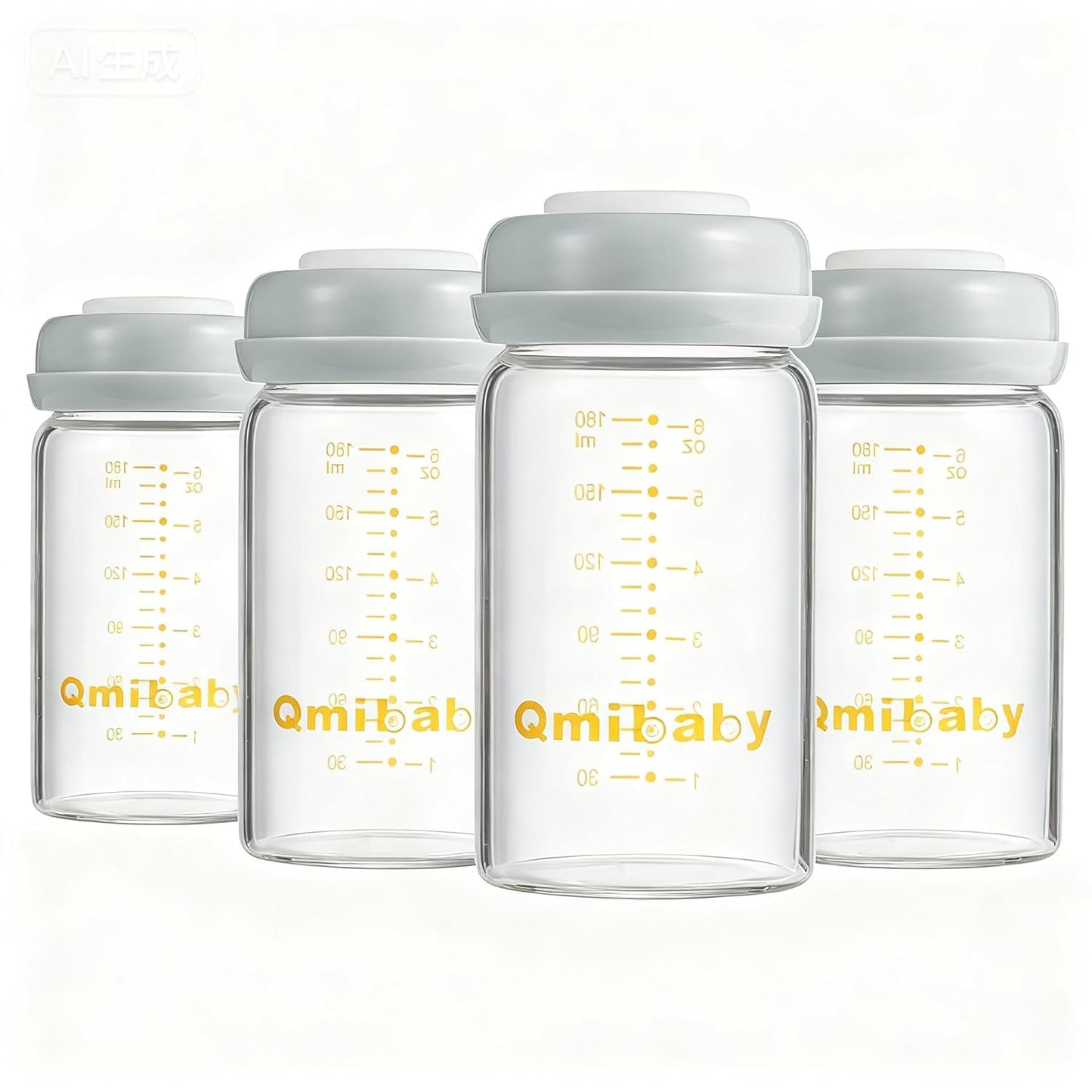 Glass Breastmilk Storage Bottles 180ml 6oz BPA-Free Leak-Proof Natural Baby Bottle for Breastmilk Storage Wide Neck Bottles with Screw Ring Sealing Disk Breastfeeding (Grey, 180ml-4Packs)