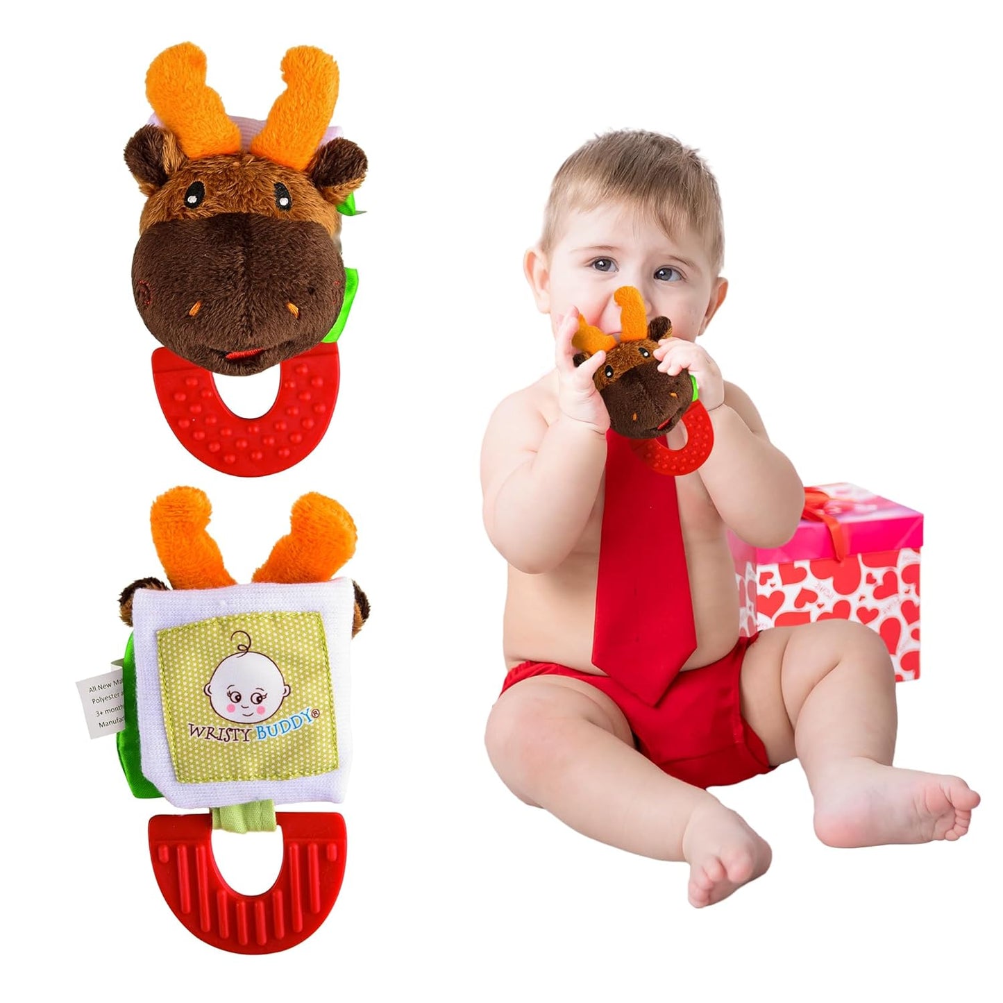 Wristy Buddy Teething Ring for Babies 0-6 8 10 12 Months | Cute Soft Moose Animal Teething Toys & Gloves | Baby Teething Relief Toy Pack | Infant Chew Toys for 3-6 Months, 1 2 3 Years
