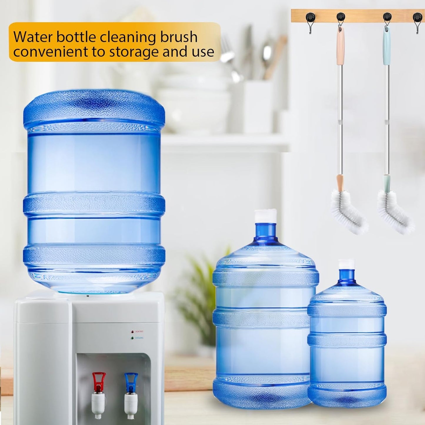 Water Bottle Cleaning Brush, 2 Pack 28inch Bendable Water Bottle Brush Long Nylon Bristles with Stainless Steel Handle for 3 Gallon and 5 Gallon Water Bucket