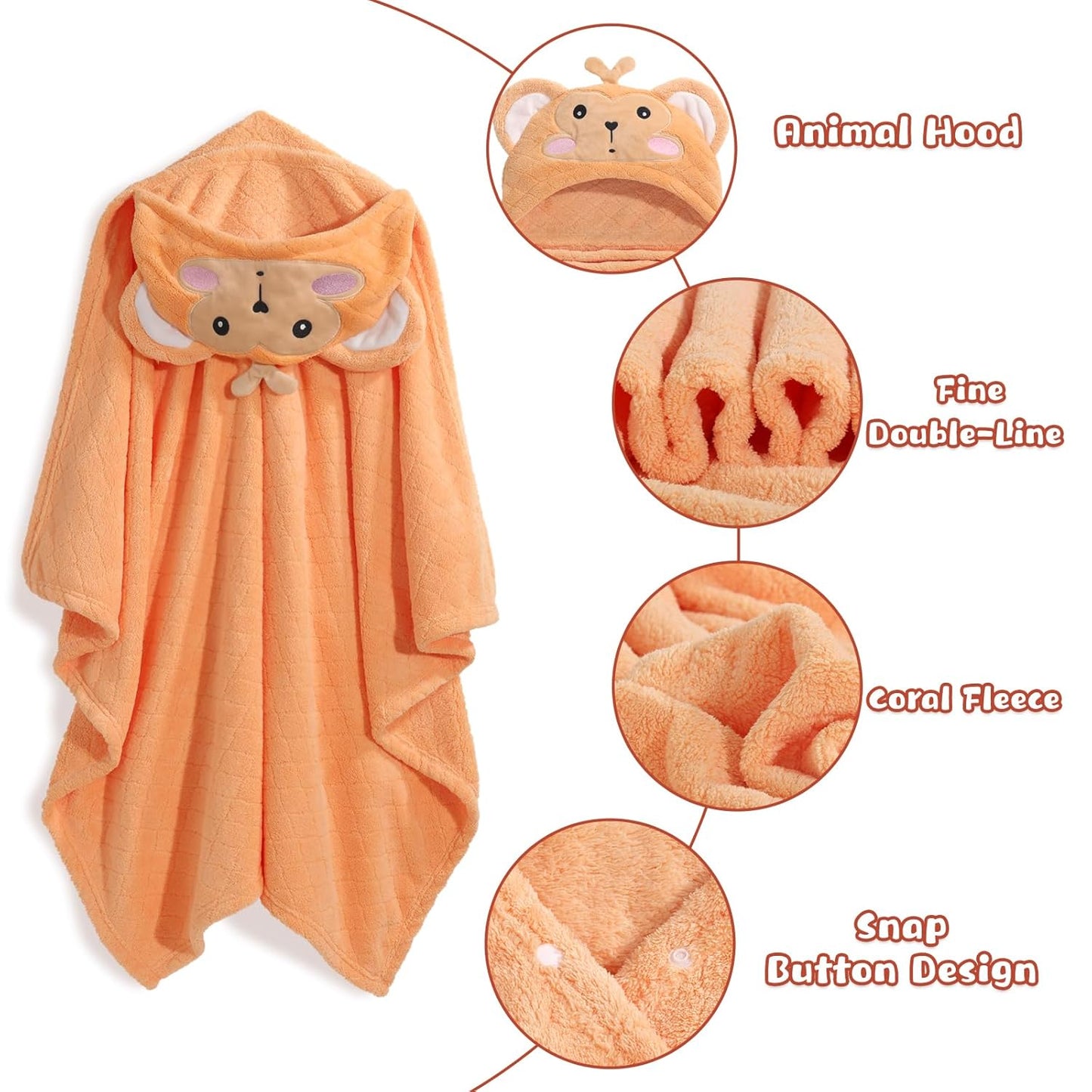 Toddler Towels for Boy, 2 PCS 50"x32" Hooded Baby Towels Boy,Thick Absorbent Bath Towels for Kids, Coral Fleece Animal Kids Towel with Hood, Gray Mouse & Orange Monkey Set