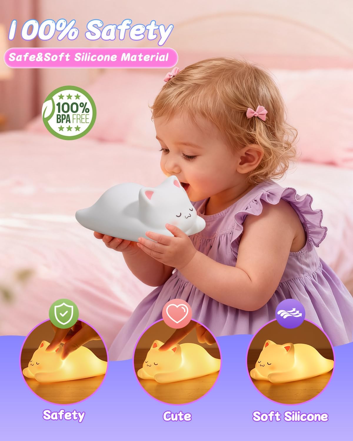 ZKLiLi Night Light for Kids Cute Cat Lamp,16 Colors+Tap+Remote+Silicone Kids Night Light,USB Remote Rechargeable Cat Night Lights for Room Decoration, Girls