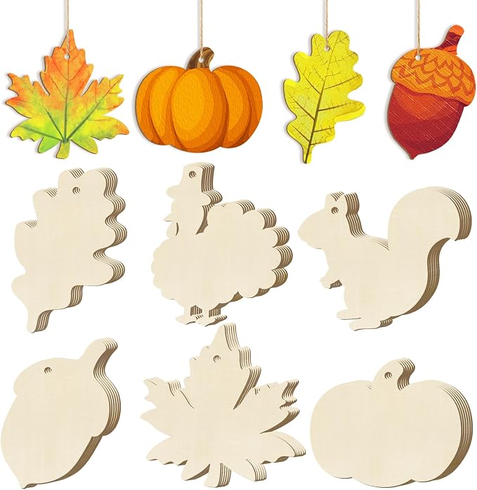36PCS Wooden Fall Ornaments to Paint Thanksgiving Decorations, 6 Styles DIY