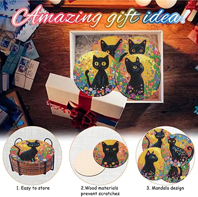 8 Pack Black Cat Diamond Art Coasters Kit for