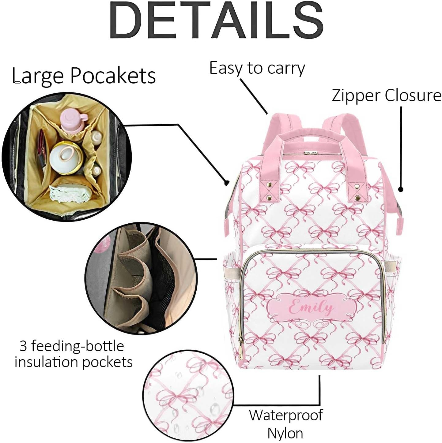 Custom Diaper Bag Backpack for Women, Personalized Name Nursing Mommy Daypack, Pink Bow Diaper Bag for Baby Girls, New Mom Gifts