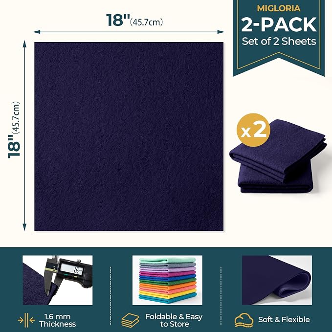 Felt Fabric Sheet 18 x 18 Inch, 1.6mm Thick | Soft and Flexible Nonwoven