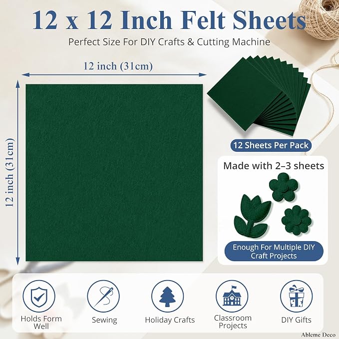 12"x12" Felt Sheets for Crafts, 2mm Stiff Felt Fabric 12 Pcs, Hunter Green |