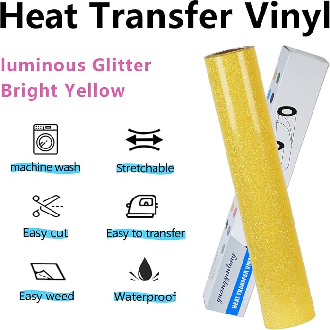 guangyintong Glow Glitter Gold Heat Transfer Vinyl HTV Rolls, Glitter HTV Vinyl