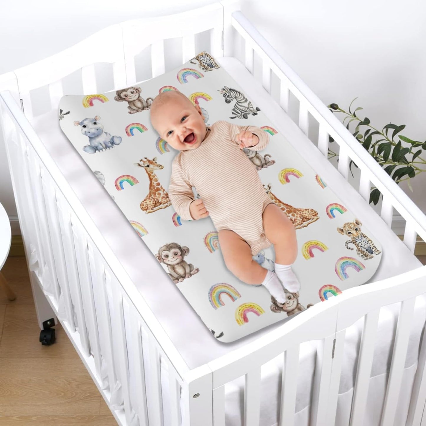 Jungle Safari Animals Rainbow Changing Pad Covers Zoo Leopard Elephant Giraffe Zebra Hippo Monkey Baby Change Table Cover for Boy Girl Soft Stretch Fitted Diaper Changing Pad Sheet Mats 32''x16''