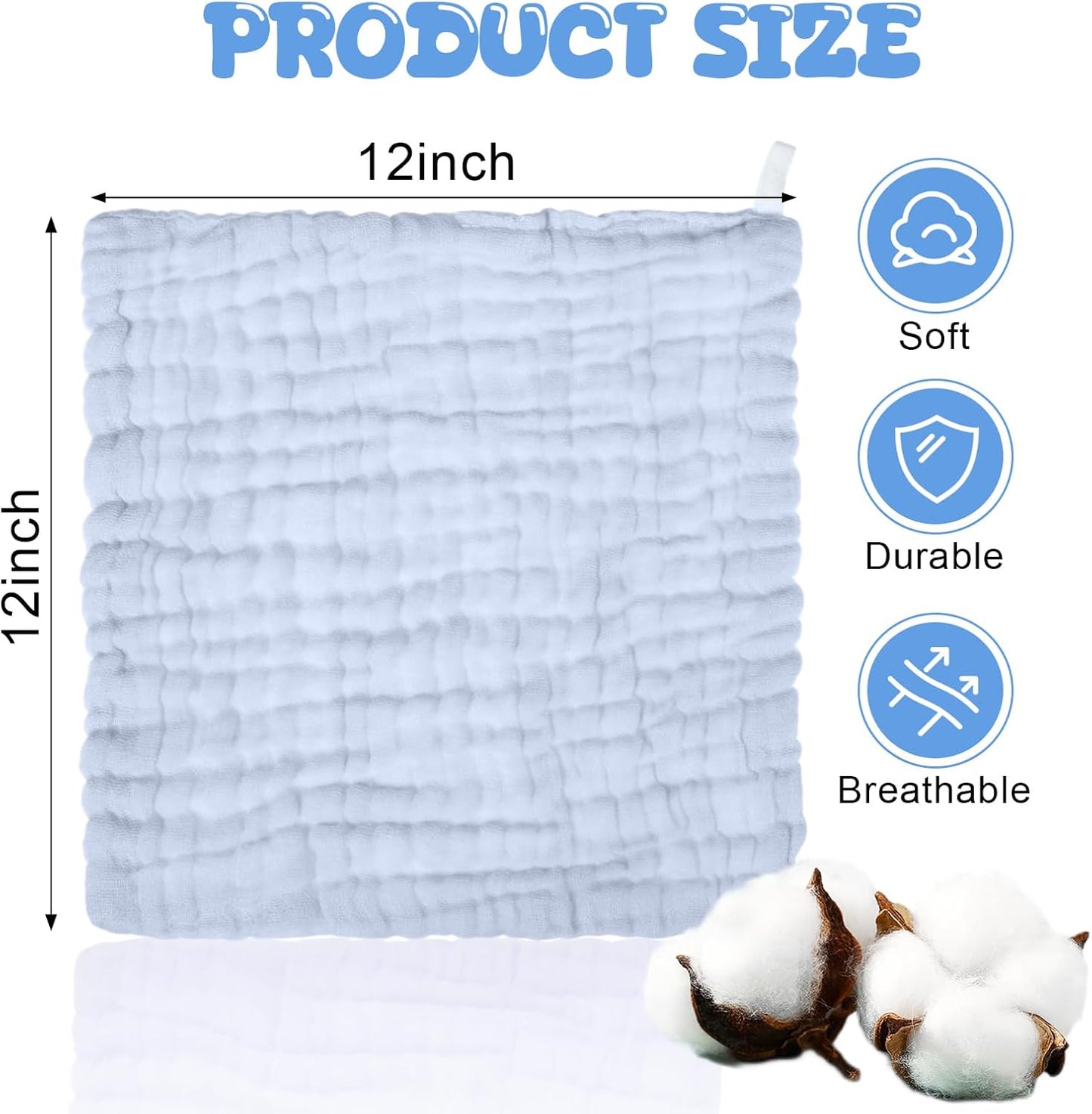 Breling 20 Pcs Baby Muslin Washcloth 12 x 12 Inch 100% Cotton Soft and Absorbent Muslin Washcloth Burp Cloth Wipe Newborn Face Towel for Baby Boy Girl Sensitive Skin(White, Light Blue, Blue)