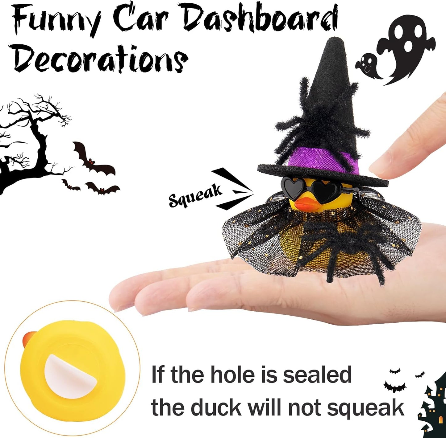 wonuu Car Dashboard Spider Witch Rubber Ducks for Halloween, Decorations Duck for Office Desk Ornament Accessories with Hat Glasses Skirt, for Halloween Party Gifts (Gold Point Skirt Purple)