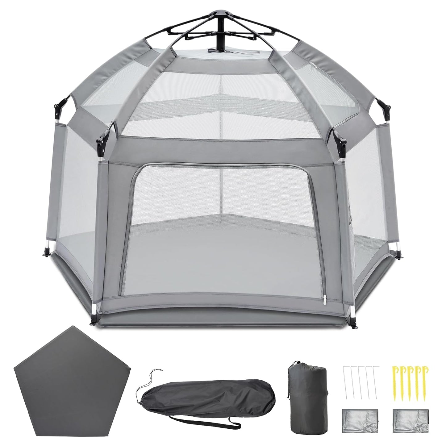 Portable Baby Playpen with Inflatable Mattress & Sunshade,Outdoor Baby Playpen for Babies and Toddlers,Foldable Pop Up Play Tent for Home, Park, Beach and Camping,Beach playpen-Light Gray