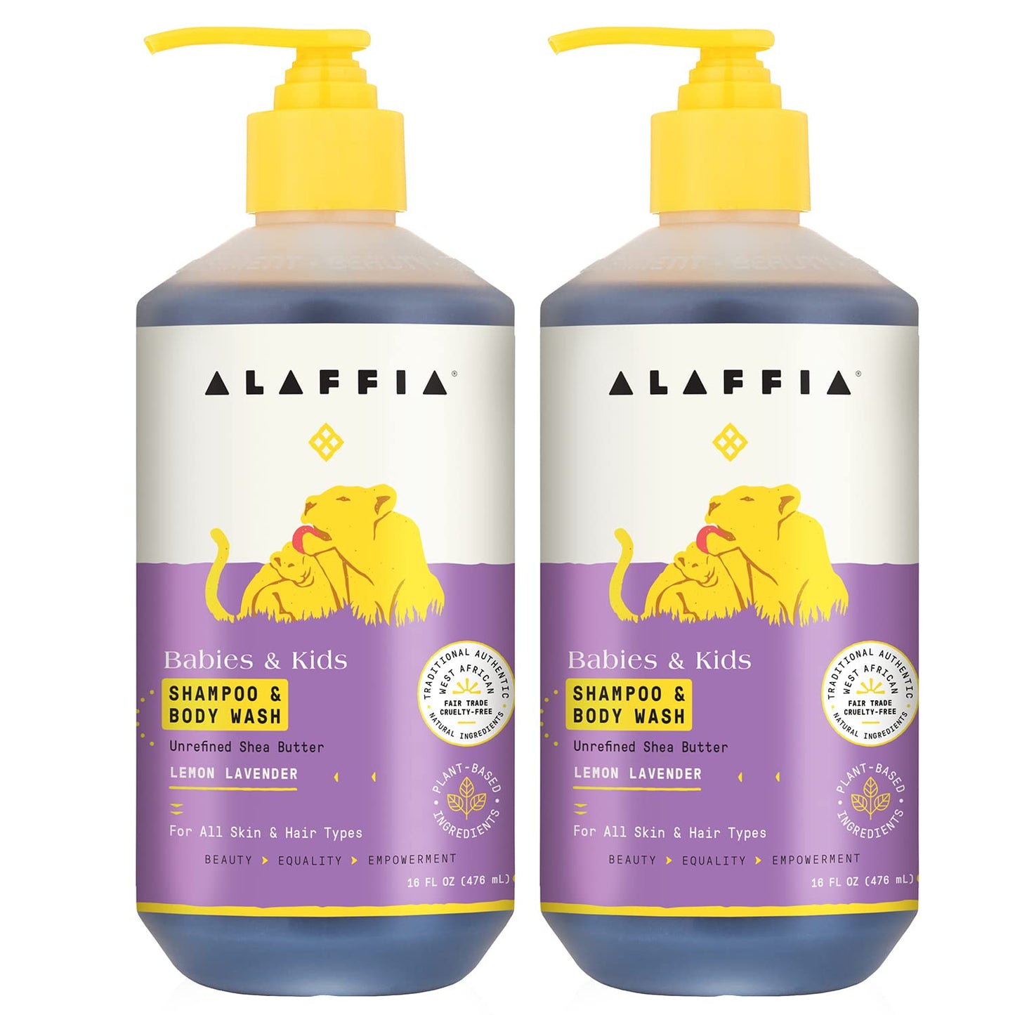 AAlaffia Babies and Kids Shampoo and Body Wash, Gentle and Calming Support for Soft Hair and Skin with Shea Butter, Neem, and Coconut Oil, Fair Trade, Lemon Lavender 2 Pack – 16 Fl Oz Ea