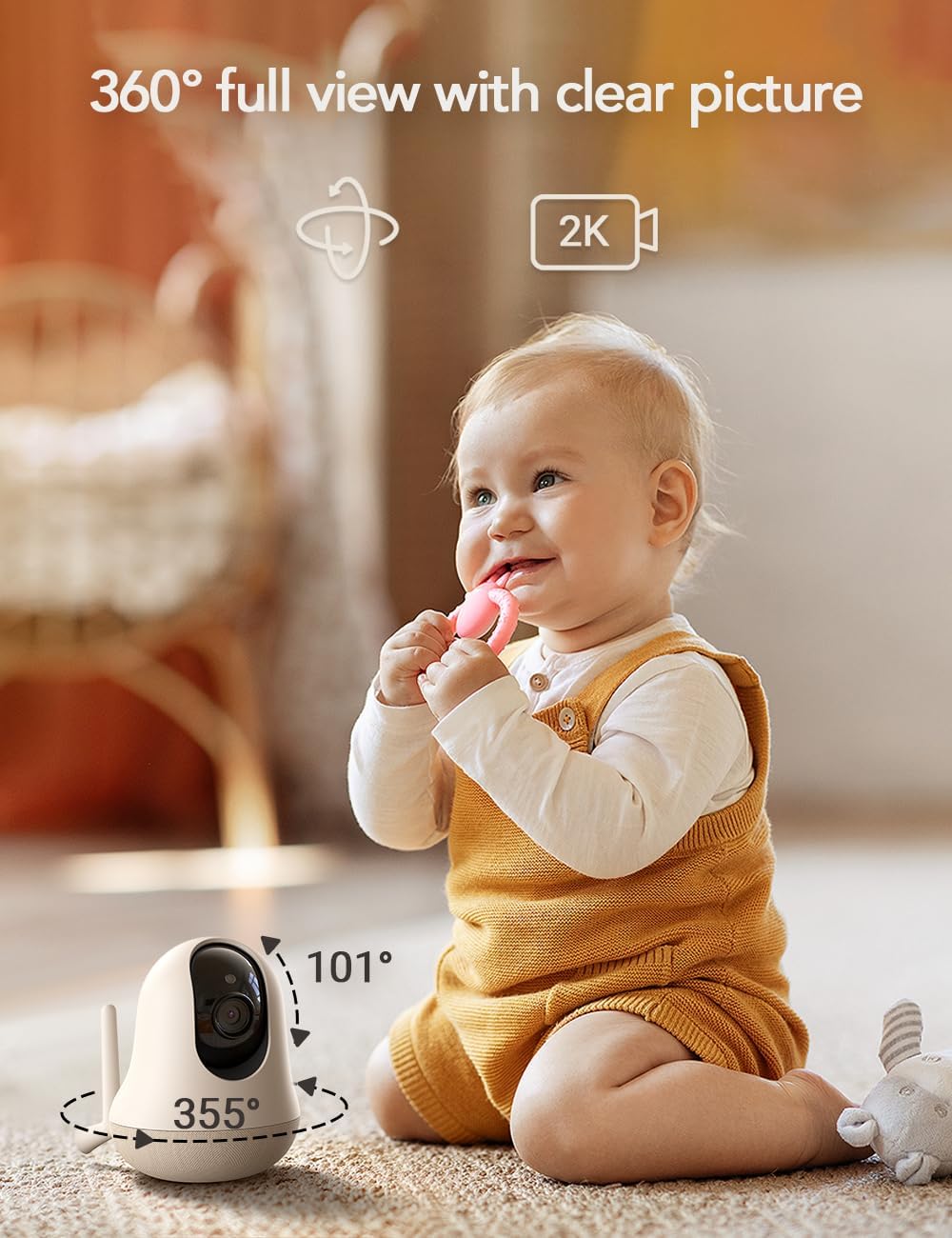 nooie 2K Smart WiFi Baby Monitor with Camera and Audio, Smartphone App Control, Temperature Sensor, Motion & Cry Detection, IR Night Vision, 2-Way Talk, Cloud & SD Card Storage, Ideal for New Moms