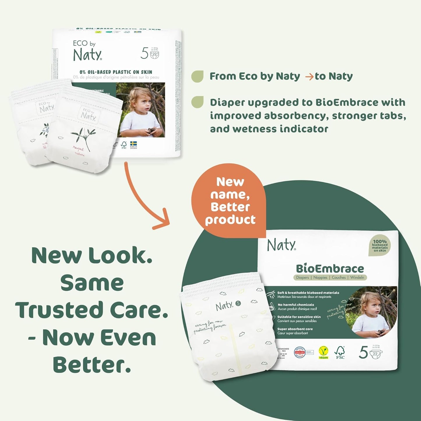 Naty BioEmbrace Baby Diapers Size 5 (24–55 lbs) | 100% Biobased on Skin | Plant-Based Softness | Dermatologically Tested, Super Absorbent | 80 Count