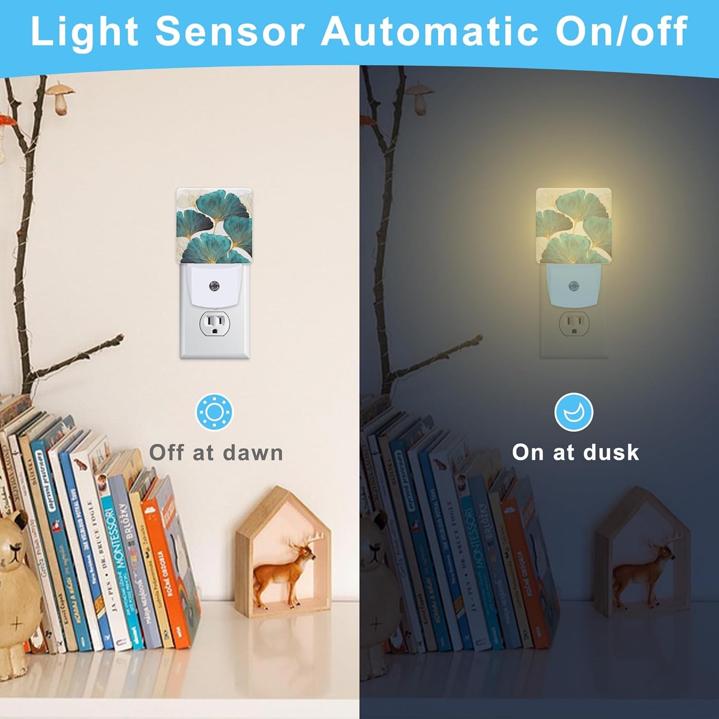 Ginkgo Leaves Green Plant Plug in Night Light with Auto Dusk to Dawn Sensor,Warm Night Lights for Boys Girls Bedroom Bathroom Hallway Kids Room Gifts