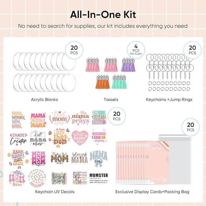YOPPIX 140 PCS Acrylic Keychain Blank Set, Mama Double-Sided UV DTF Stickers
