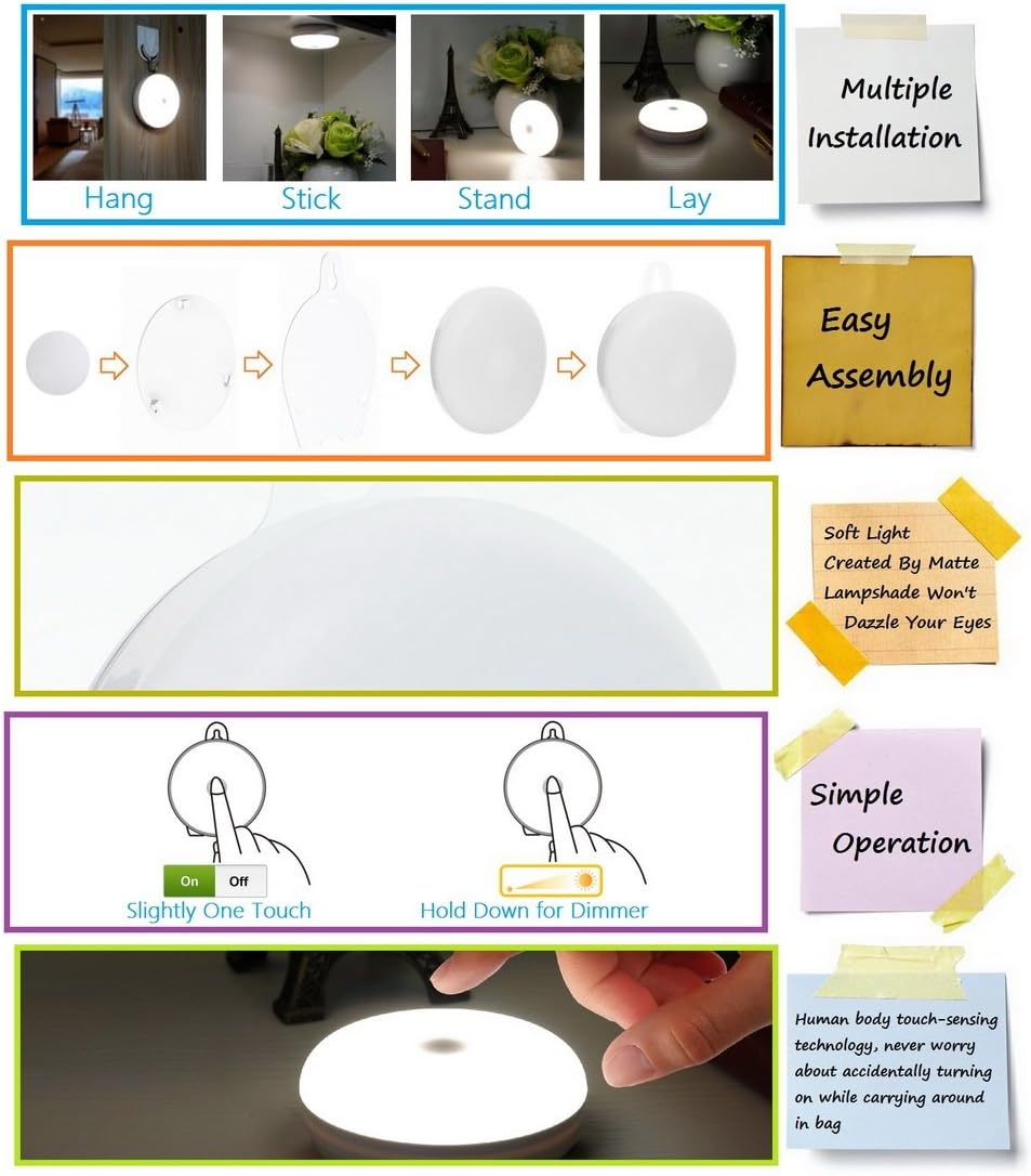 Rechargeable Touch Light, DIY Stick Anywhere Led Night Light Touch Lamp Tap Light (Touch Sensor Switch, Stepless Dimmer, Last Setting Memory, Built-in Battery Powered, Warm White Light)