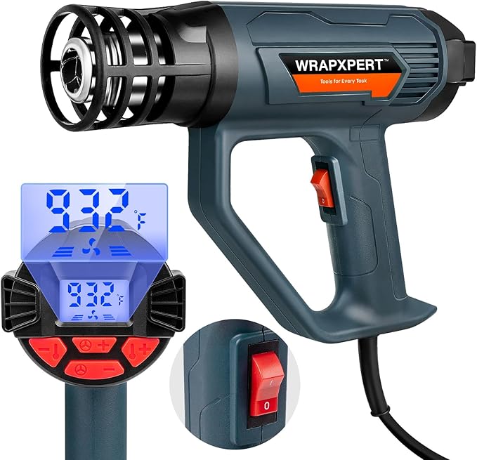 WRAPXPERT Heat Gun for Vinyl Wrap with Digital LCD 2000W 122℉-1202℉（50℃- 650℃) Hot Air Gun Variable Temperature Control Memory Function for Car Wrap, Crafts, Shrinking Tubing, Stripping Paint
