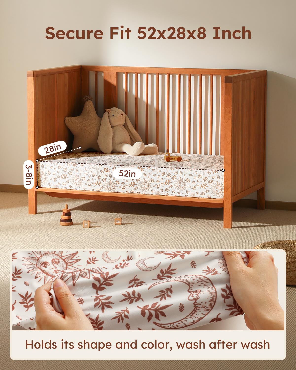 Baby Crib Sheets for Boys Girls, 28x52x8in Fitted Crib Sheet Neutral 3 Pack for Standard Crib and Toddler Mattress, Breathable Soft Microfiber Baby Sheet White Brown Sun God