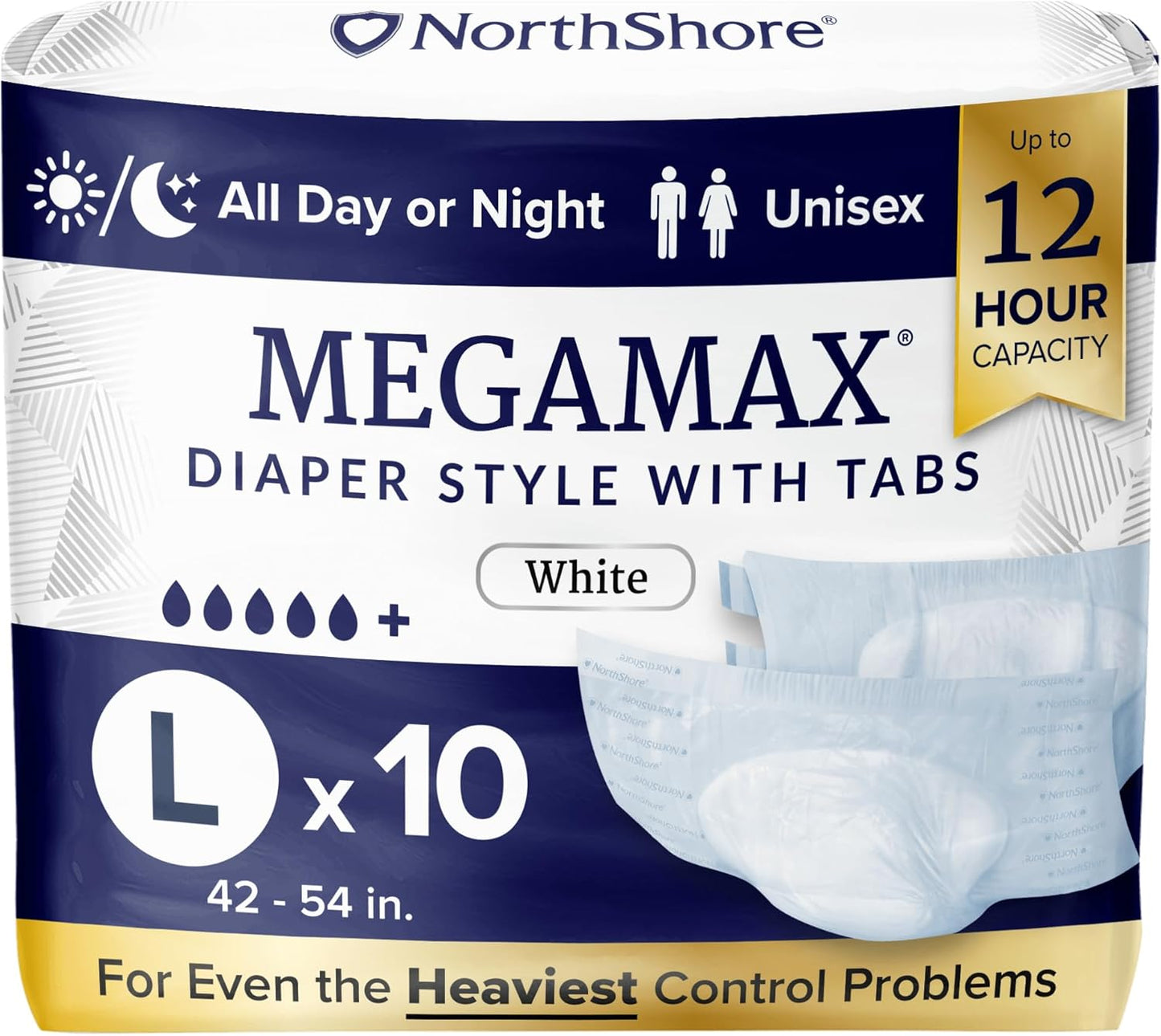 NorthShore MegaMax Adult Overnight Diapers, 12-Hour Tab-Style, Large, 10 Count Bag, White, 42-54 inches, Unisex Incontinence Underwear