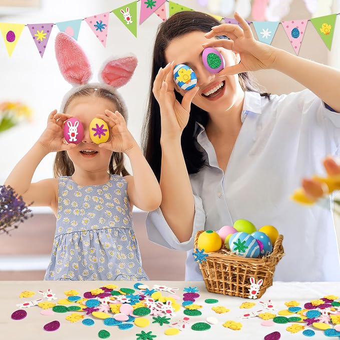 600Pcs Easter Foam Stickers Glitter Bunny Eggs Chick Stickers | Self-Adhesive