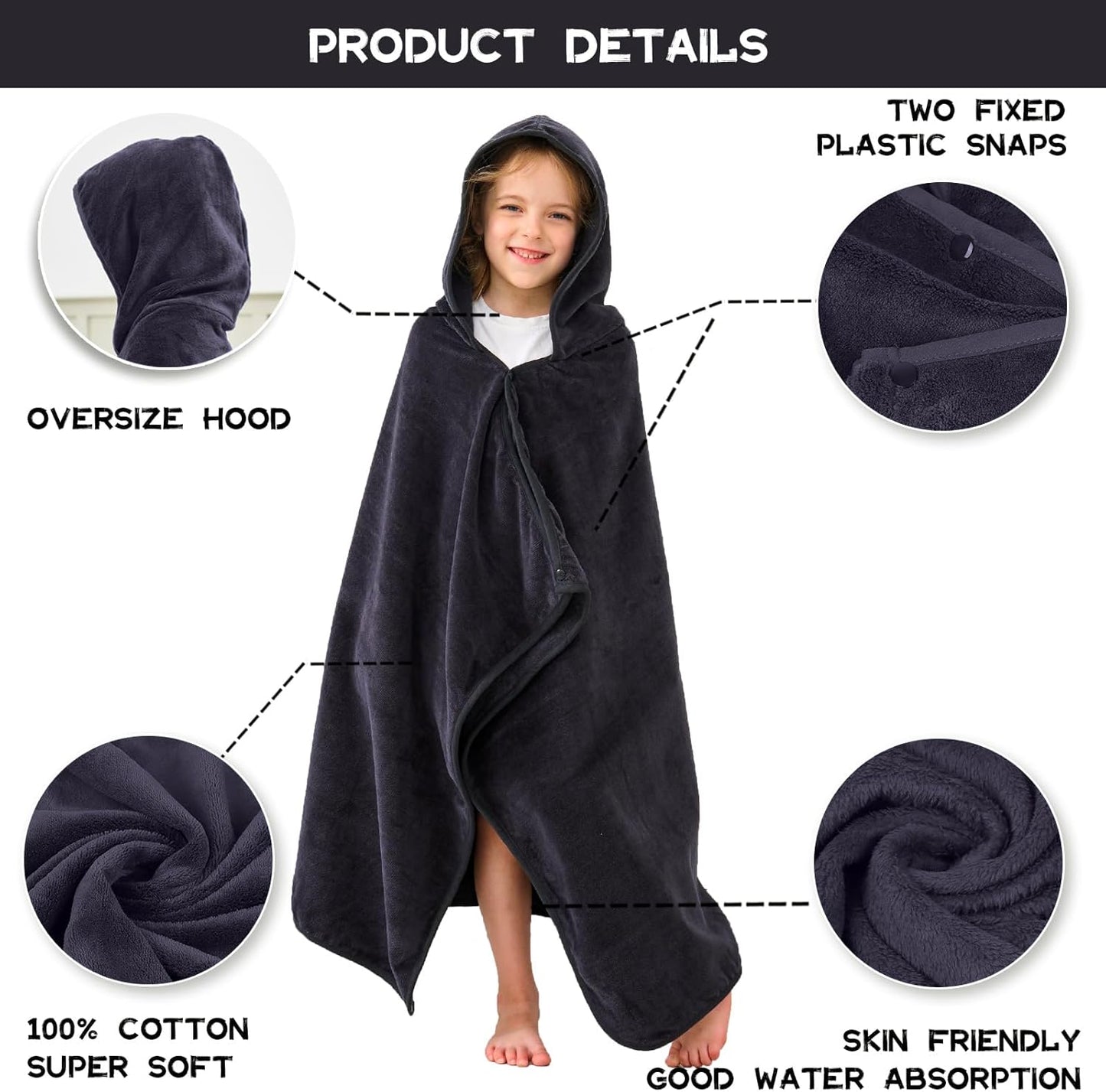 Hiturbo Kids Hooded Bath Towel: 100% Cotton Soft Thick Absorbent Towels Wrap - 50"x30" Shower Beach Pool Wearable Blanket for 3-12 Yrs Boys Girls - Black
