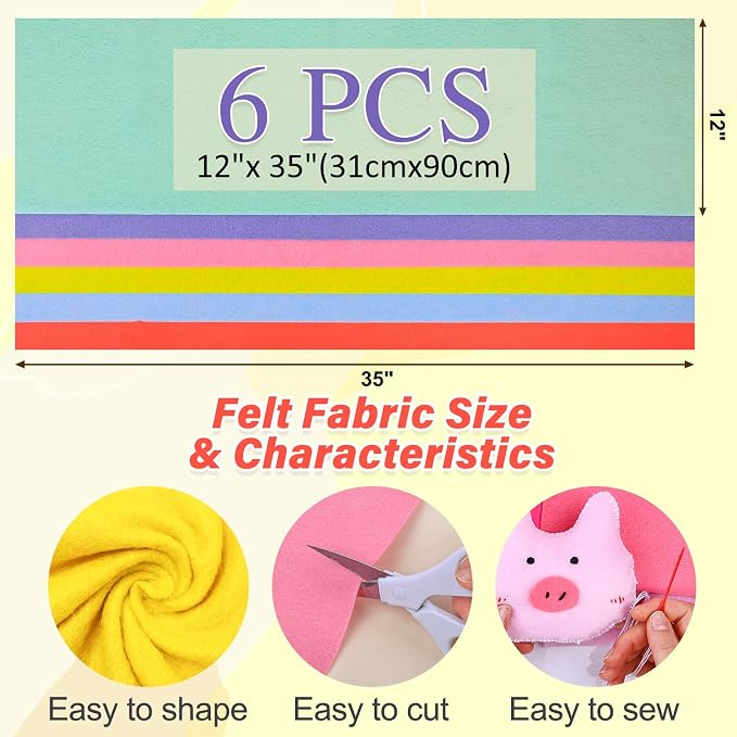 XSEINO 6 Rolls 12"x35" Large Felt Sheets, 1.4mm Thick Nonwoven Fabric