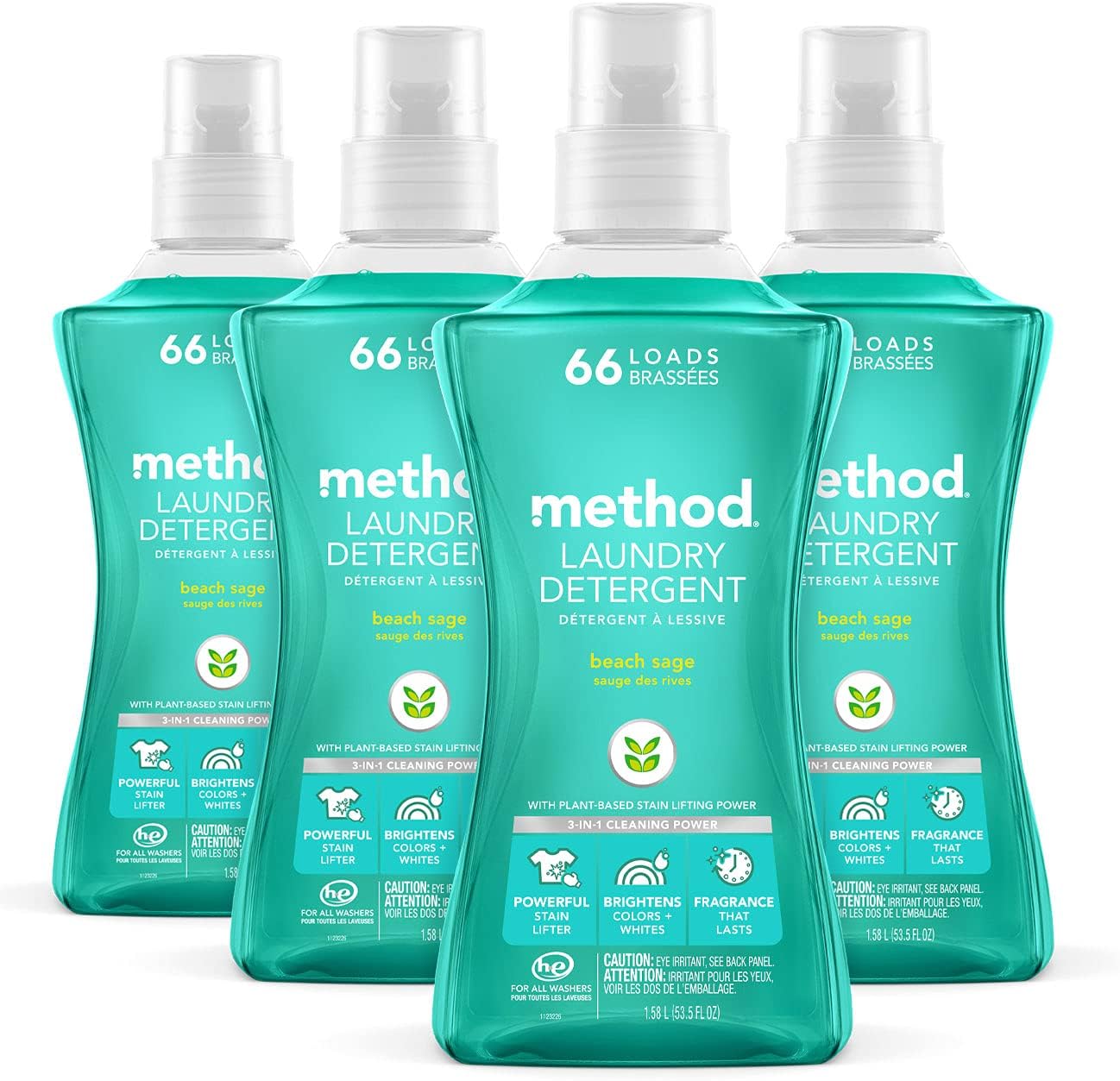 Method Liquid Laundry Detergent; Beach Sage Scent, Stain Remover; ; 66 Loads per 53.5 fl oz bottle; 4 Pack (264 Total Loads); Packaging May Vary