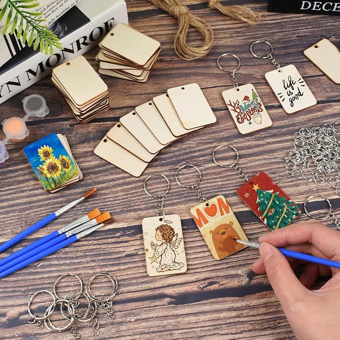 50Pcs Blank Rectangle Wooden Keychain Set, Unfinished Wood Slices