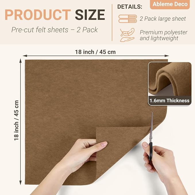 Felt Fabric Sheets 18" x 18" 1.6mm Soft Craft Felt, Light Brown | Soft Precut