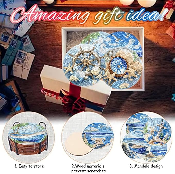 8 Pack Beach Diamond Art Coasters, Seaside Diamond Painting Coasters Kits |